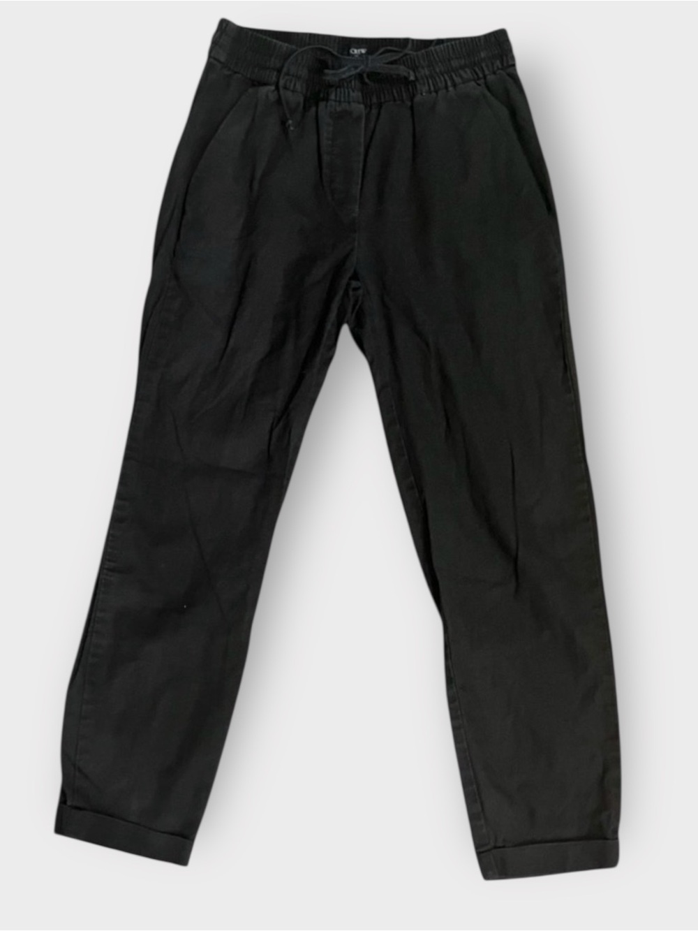 J.Crew Black Linen Blend Pull-On Tie Waist Pants 00 Elastic Waist Tapered Cuffed